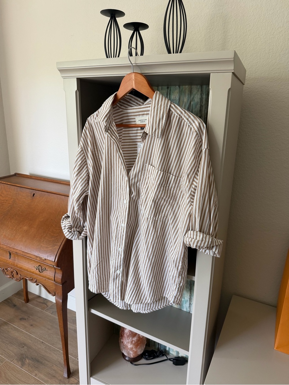 American Eagle Outfitters Brown and White Striped Button-Down Shirt - Picture 1 of 2
